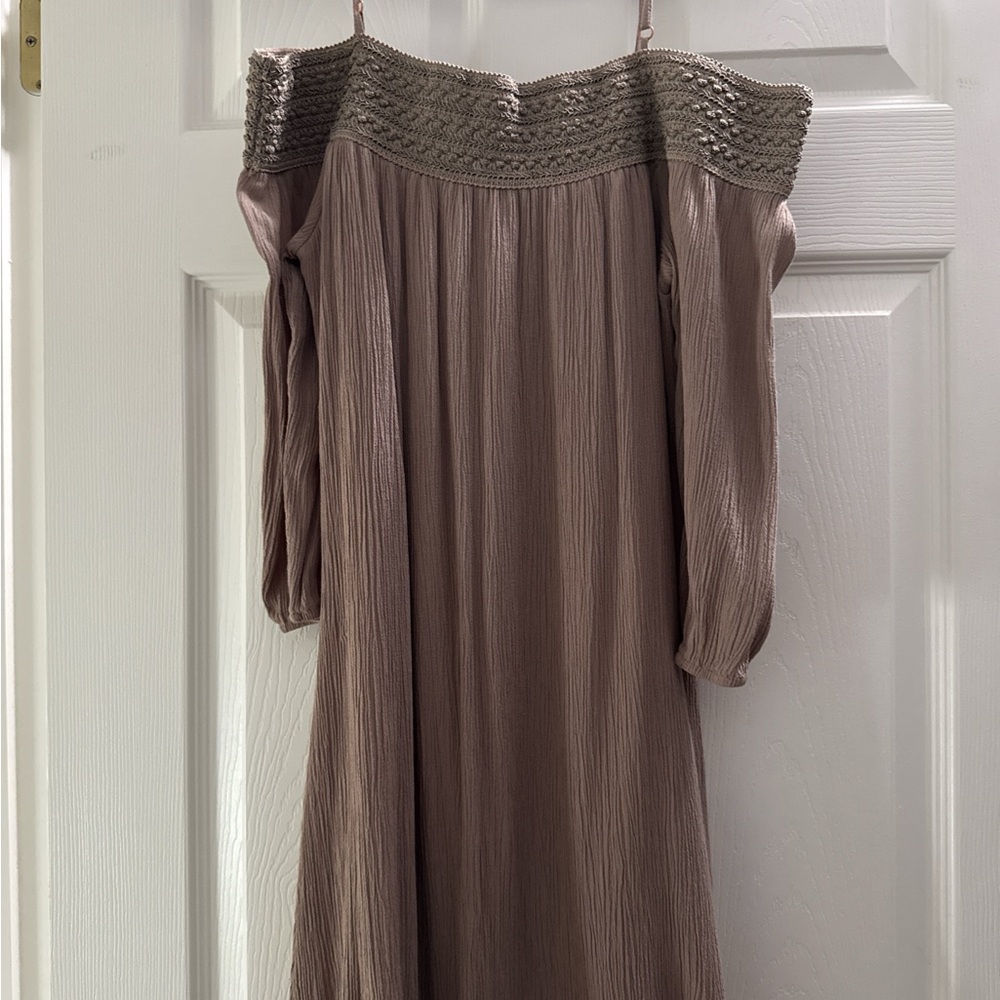 Purple Snow Off-Shoulder Long Sleeve Dress in Taupe